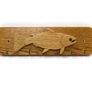 Vintage Solid Oak Fish 'n Creations 2003 Key Holder w/Salmon Fish Signed 4 Hooks